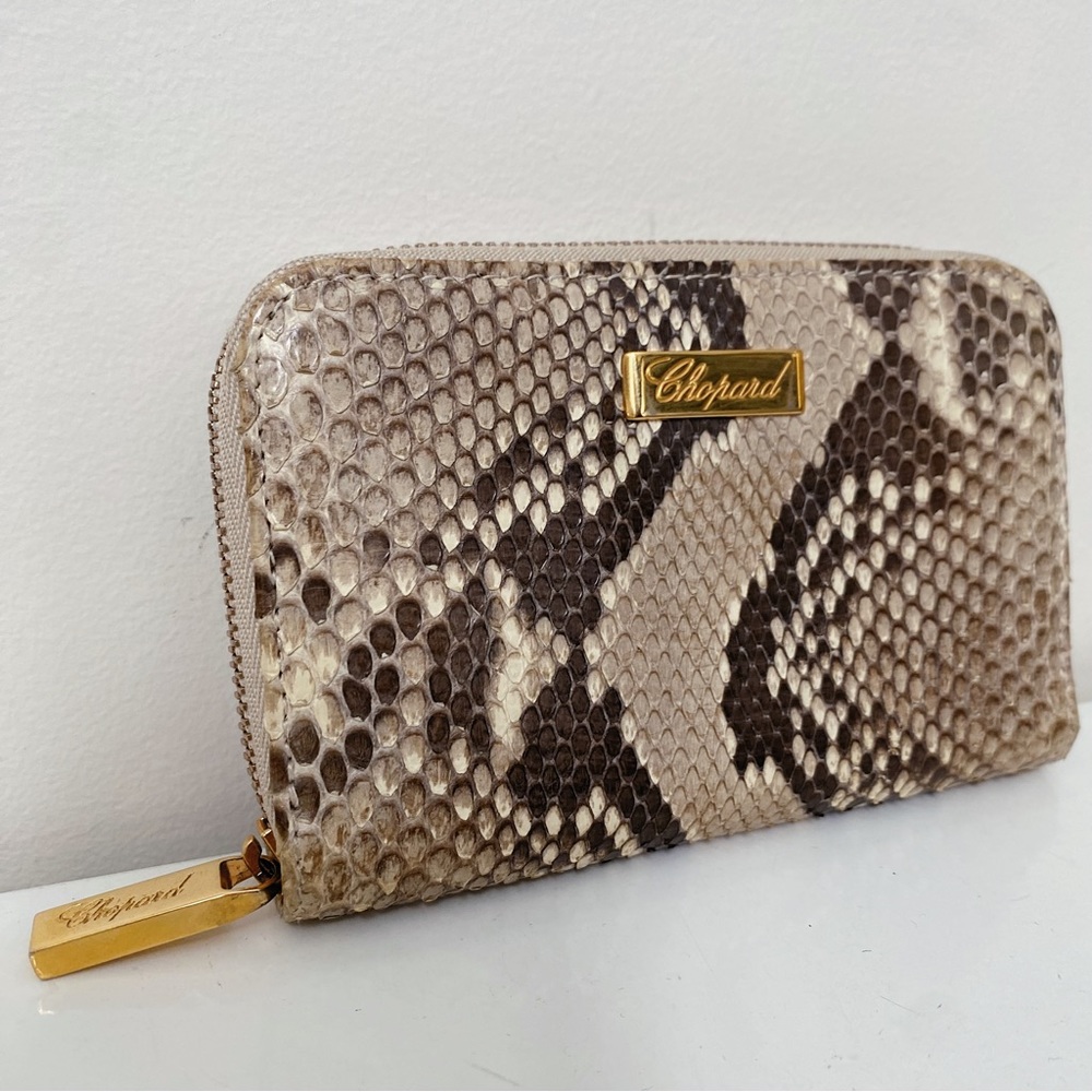 Chopard Mini Zip Python Snakeskin Cream Tan Brown Card Case Wallet Italy